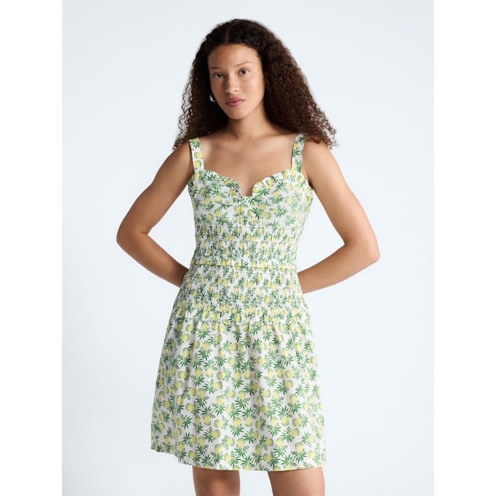 Free Assembly Women Pineapple Print Smocked Tiered Mini Dress White Yellow XS